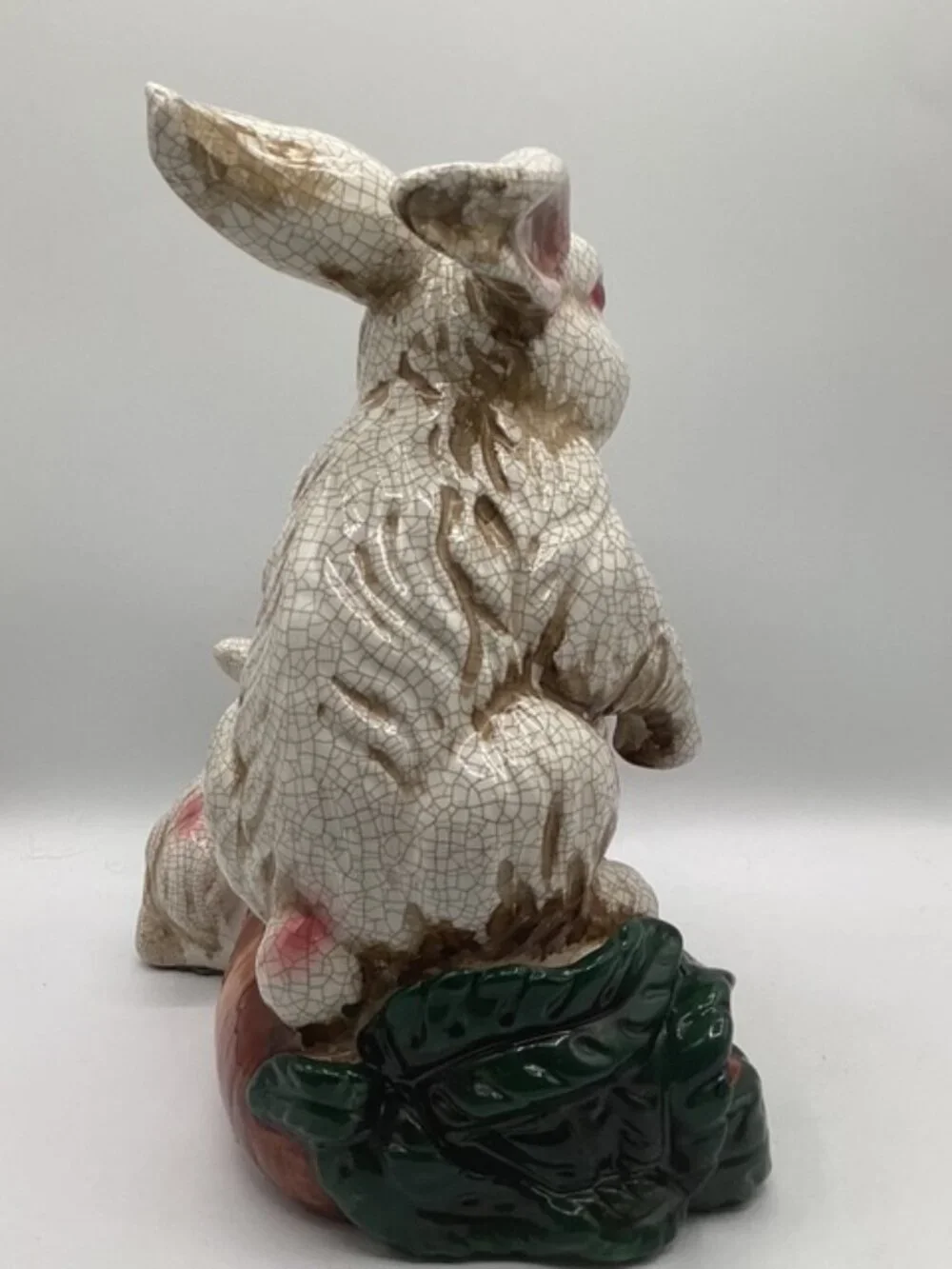 Rabbit Family Majolica Style Ceramic‎ Statue Hand Painted Crackled Glaze 11x11x5